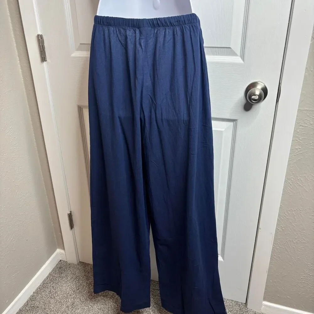 Medium Temofon Women's Navy and Blue Canvas Drawstring Wide Leg Pants